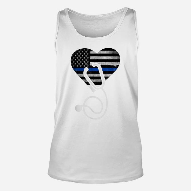 American Flag Heart With Police Thin Blue Line Nurse Rn Lvn Unisex Tank Top