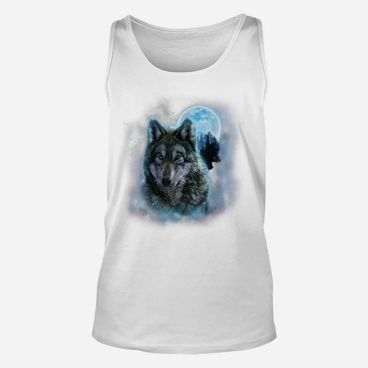 , Grey Wolf Hunting Ground, Icy Moon, Forest, Galaxy Unisex Tank Top
