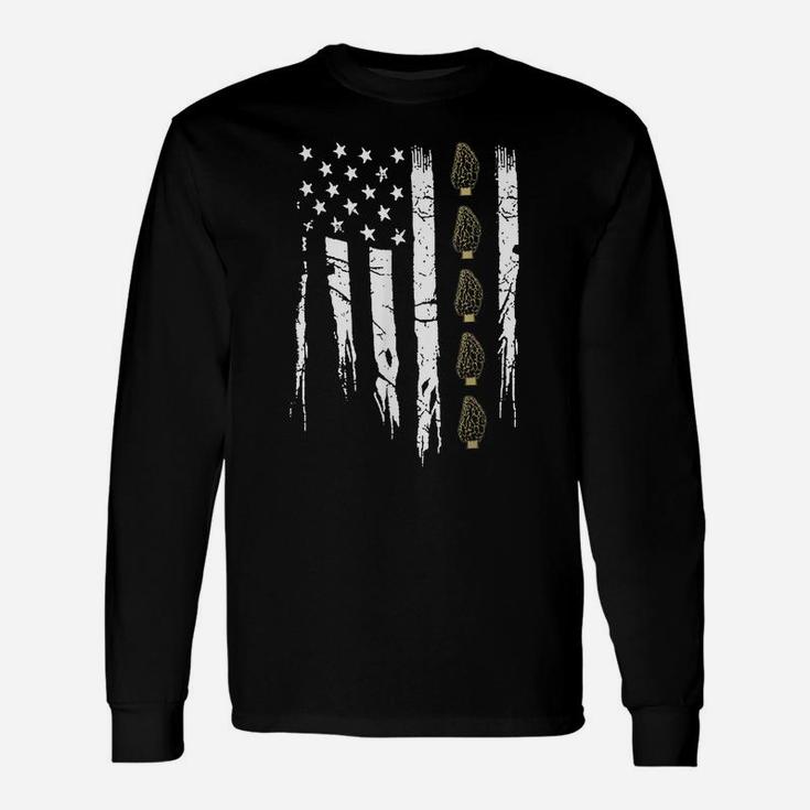 American Mushroom Hunter T Shirt With Morels In Usa Flag Unisex Long Sleeve