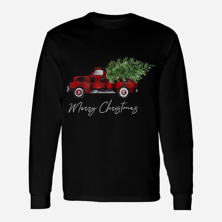Merry Christmas Buffalo Plaid Red Truck Tree For Men Women Unisex Long Sleeve