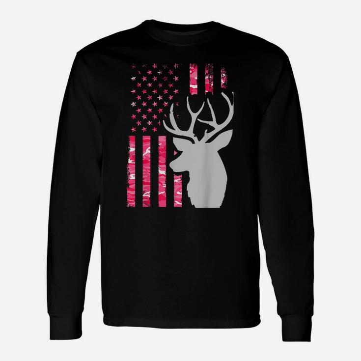 Pink Camo American Flag Camouflage Buck Hunting Shirt Women Unisex Long Sleeve