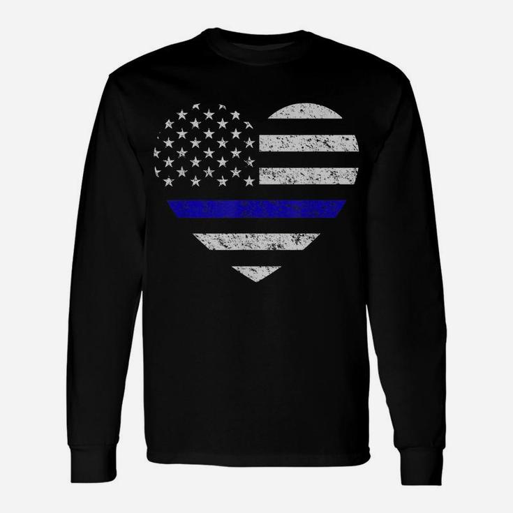 Thin Blue Line American Flag Heart Police Unisex Long Sleeve