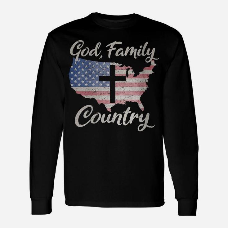 Womens GOD FAMILY COUNTRY Christian Cross American Flag Love Jesus Unisex Long Sleeve