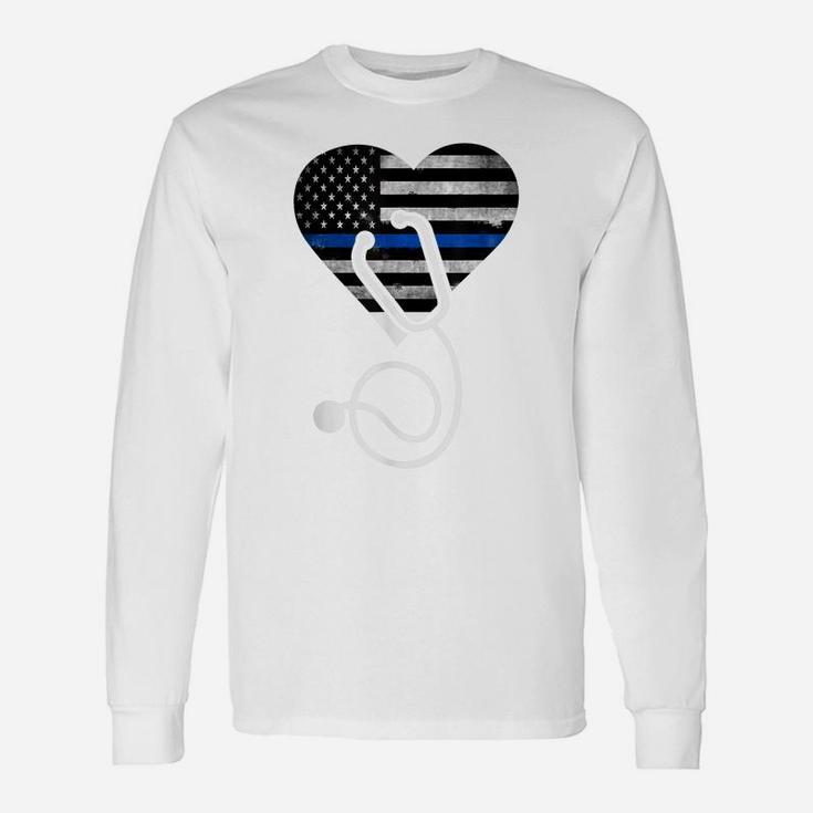 American Flag Heart With Police Thin Blue Line Nurse Rn Lvn Unisex Long Sleeve