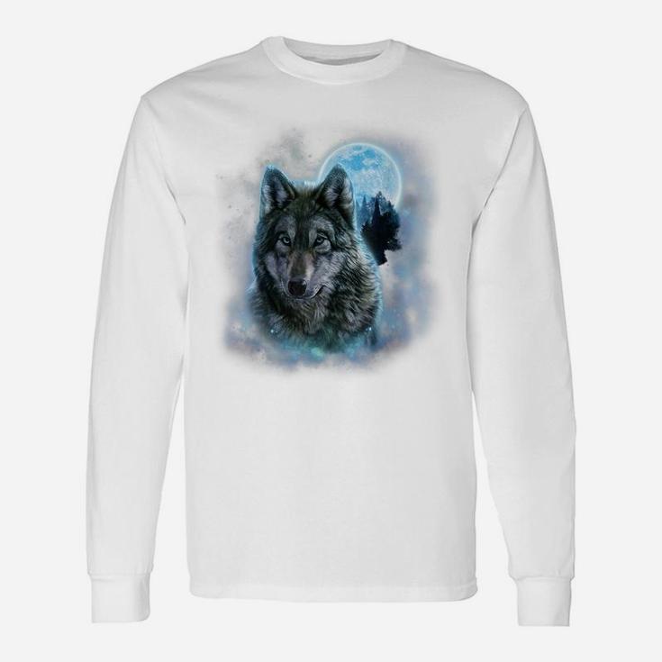 , Grey Wolf Hunting Ground, Icy Moon, Forest, Galaxy Unisex Long Sleeve