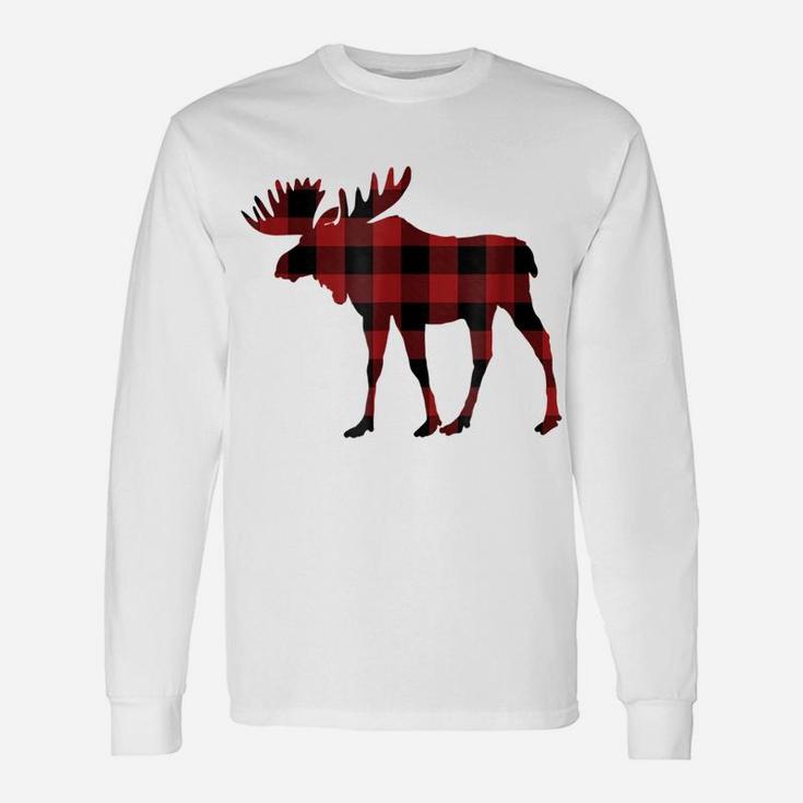 Red & Black Buffalo Plaid Flannel Christmas Moose Tshirt Unisex Long Sleeve
