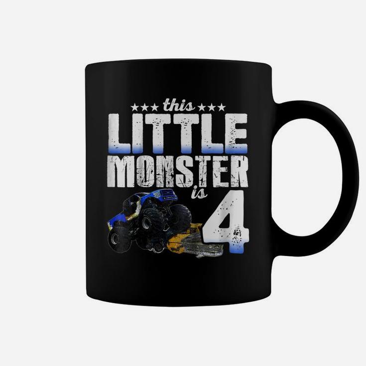 Kids 4 Years Old Little Monster Truck Shirt 4Th Birthday Gift Tee Coffee Mug