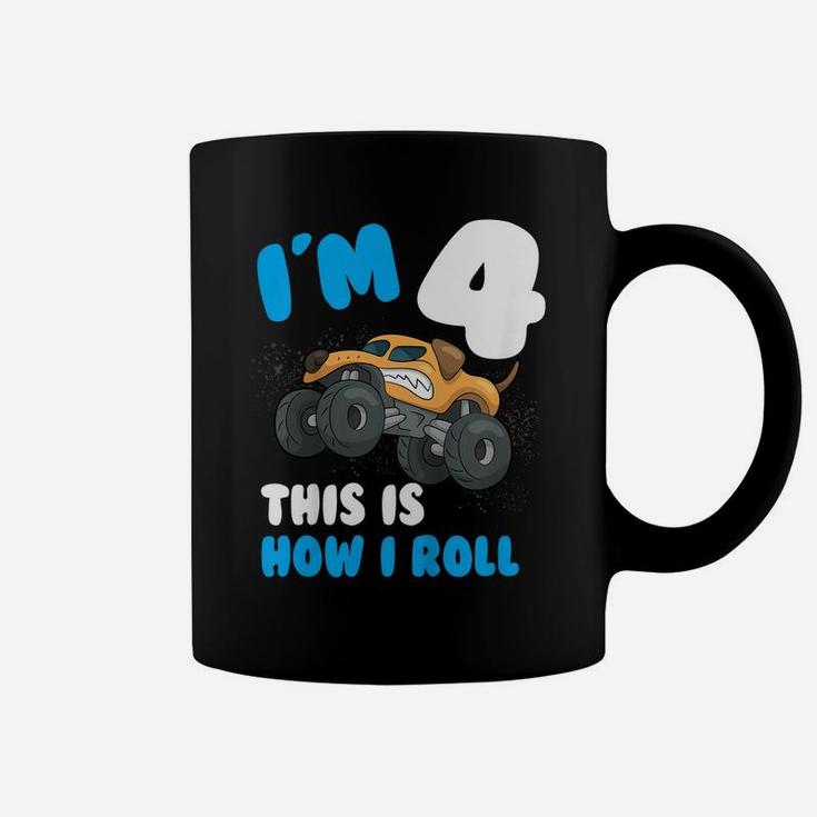 Kids Im 4 This Is How I Roll Monster Trucks 4Th Year Birthday Coffee Mug