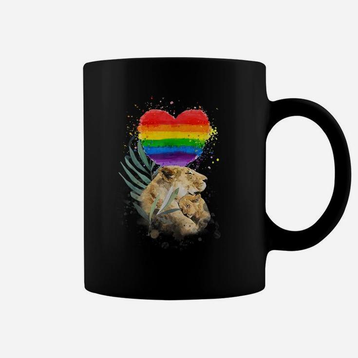LGBTQ Pride Mommy Lion With Baby Rainbow Heart Love Coffee Mug