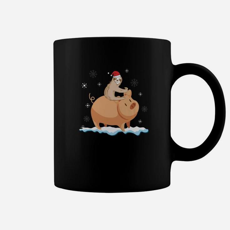 Sloth Riding Pig Walking Around Snow Christmas Cute Coffee Mug