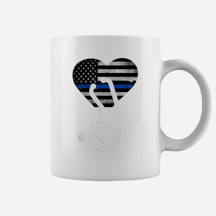 American Flag Heart With Police Thin Blue Line Nurse Rn Lvn Coffee Mug