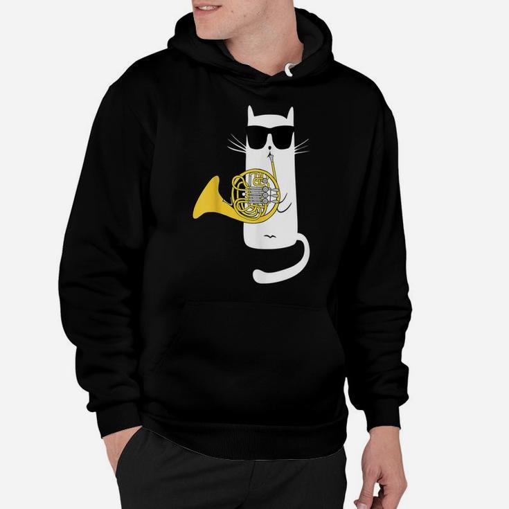 Funny Cat Wearing Sunglasses Playing French Horn Hoodie