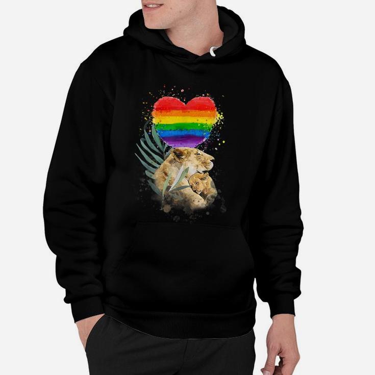 LGBTQ Pride Mommy Lion With Baby Rainbow Heart Love Hoodie