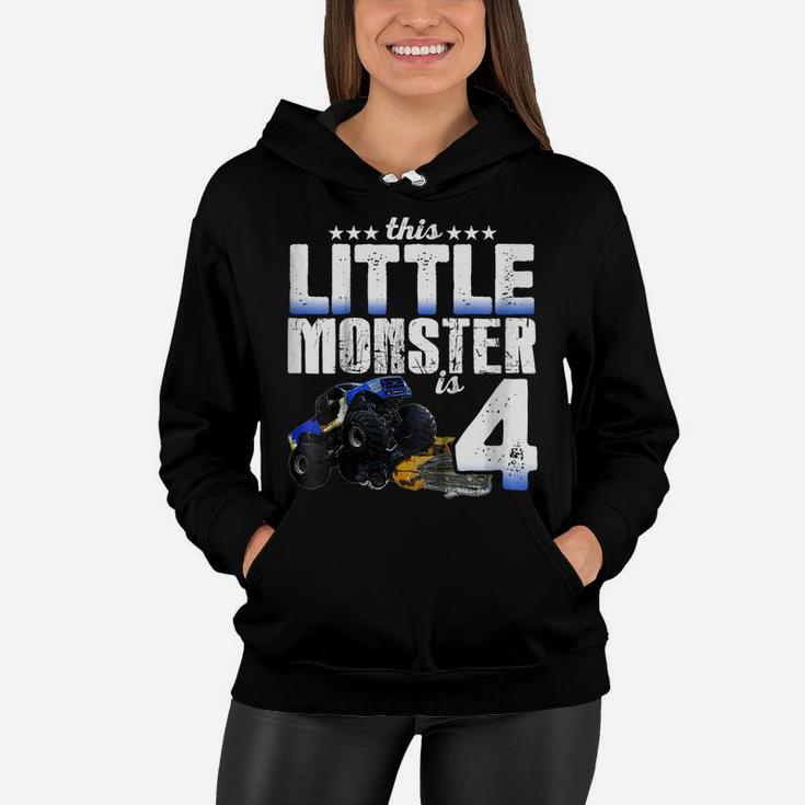 Kids 4 Years Old Little Monster Truck Shirt 4Th Birthday Gift Tee Women Hoodie