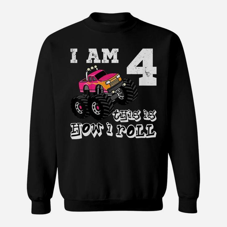 Kids Kids 4 Years Old 4Th Birthday Monster Truck Car Shirt Girl Sweatshirt