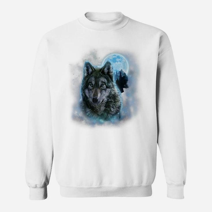 , Grey Wolf Hunting Ground, Icy Moon, Forest, Galaxy Sweatshirt