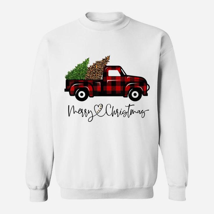 Merry Christmas Buffalo Truck Tree Red Plaid Leopard Women Sweatshirt