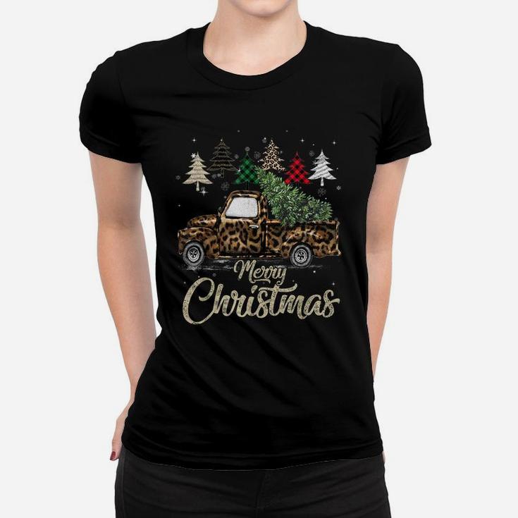 Buffalo Plaid Christmas Tree Red Truck With Leopard Print Women T-shirt