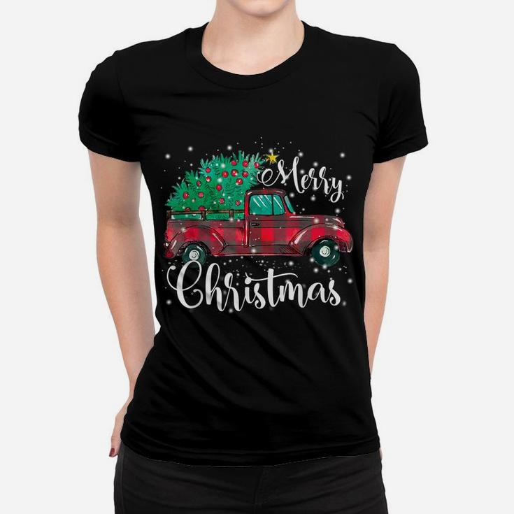 Buffalo Plaid Christmas Tree Vintage Red Truck Xmas Gift Women T-shirt