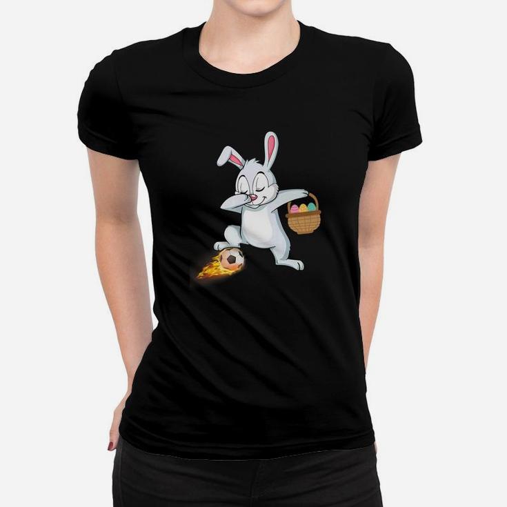 Bunny Rabbit Easter Eggs Dabbing Playing Fire Soccer Women T-shirt