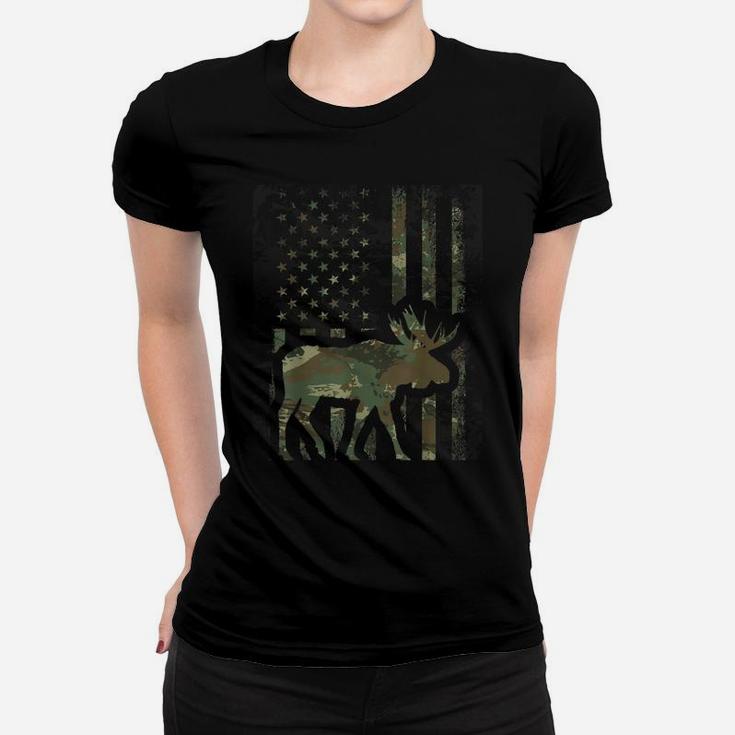 Camo American Flag Moose Hunting Gift For Hunter Moose Lover Women T-shirt