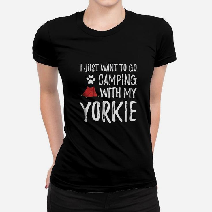 Camping Yorkie For Funny Dog Mom Or Dog Dad Camper Women T-shirt