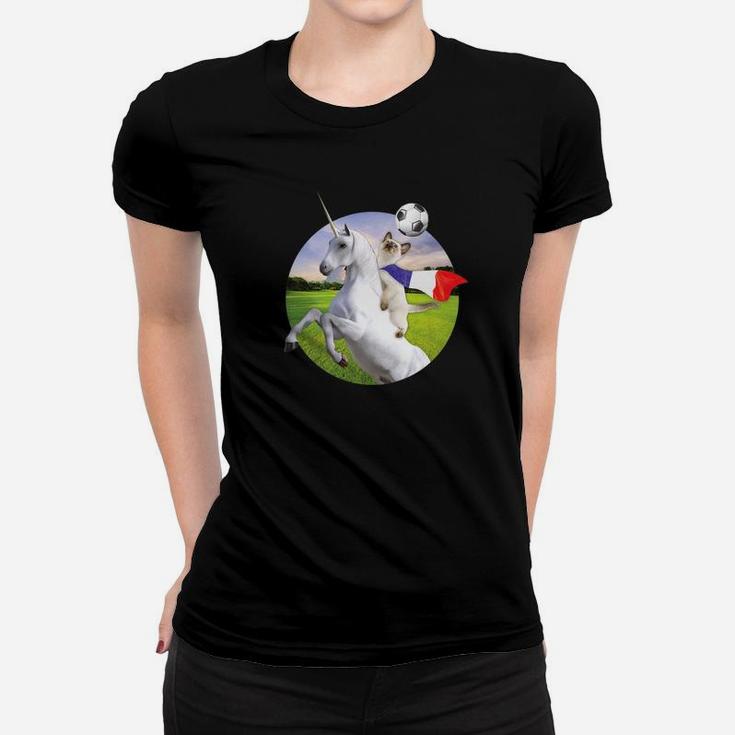 France Cat Riding Unicorn Playing Soccer Simple Art Women T-shirt