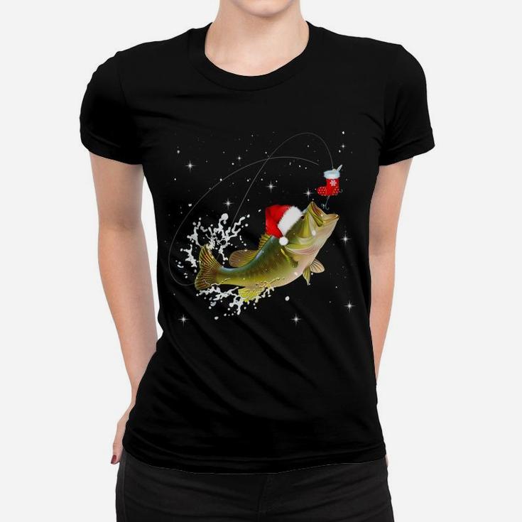 Funny Bass Fishing Santa Hat Christmas Pajama Fishermen Gift Women T-shirt