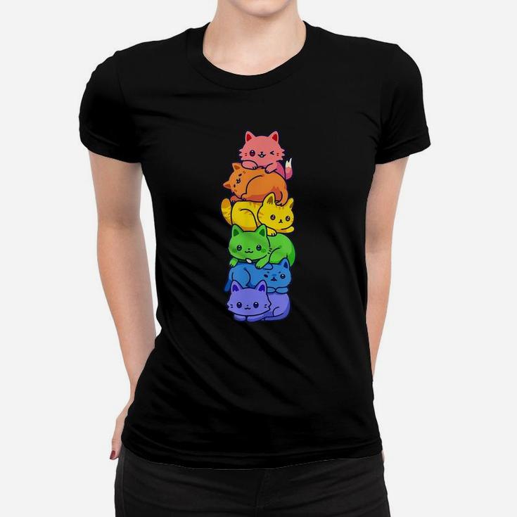 Gay Pride Cat Lgbt Kawaii Cats Pile Cute Anime Rainbow Flag Women T-shirt