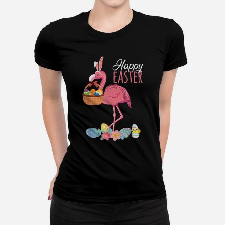 Happy Easter Flamingo With Easter Egg Basket Hunting Women T-shirt