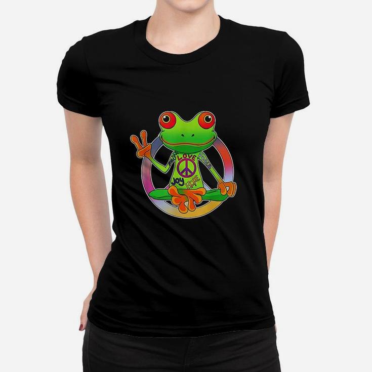 Hippie Frog Peace Sign Yoga Frogs Hippies 70s Women T-shirt