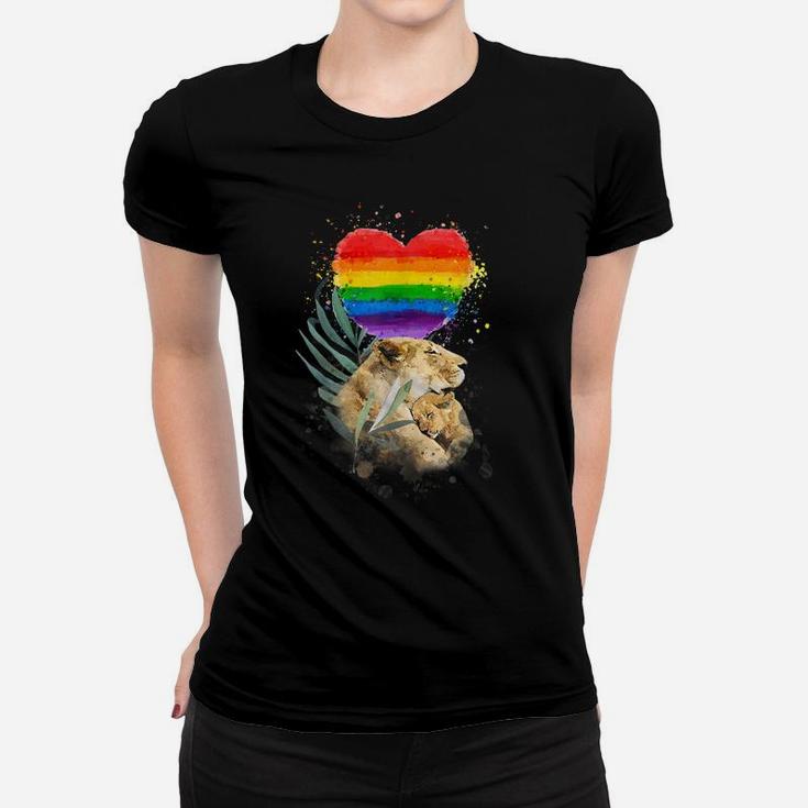 LGBTQ Pride Mommy Lion With Baby Rainbow Heart Love Women T-shirt