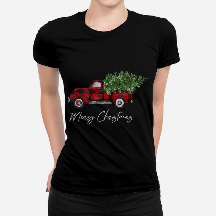 Merry Christmas Buffalo Plaid Red Truck Tree For Men Women Women T-shirt