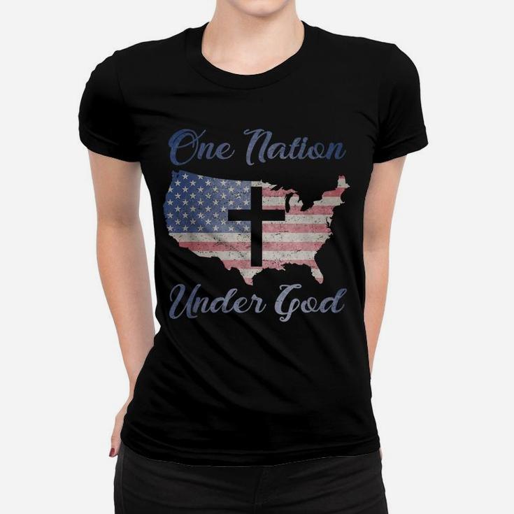 One Nation Under God Christian Cross American Flag Usa Map Women T-shirt