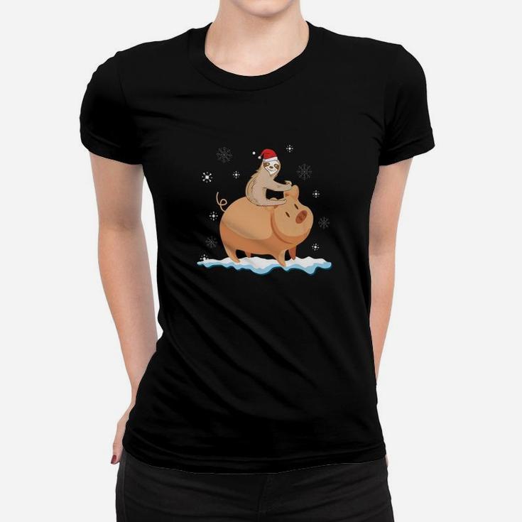 Sloth Riding Pig Walking Around Snow Christmas Cute Women T-shirt