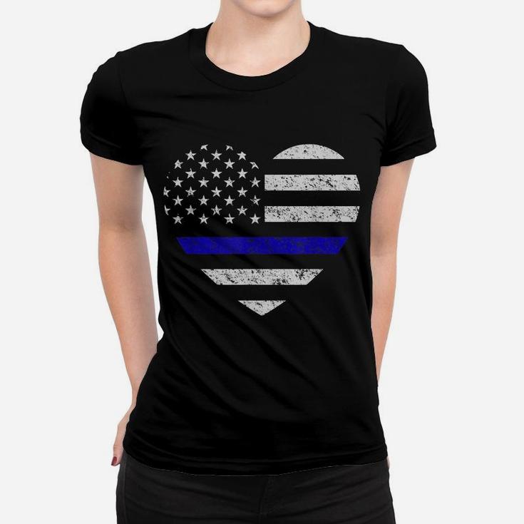 Thin Blue Line American Flag Heart Police Women T-shirt