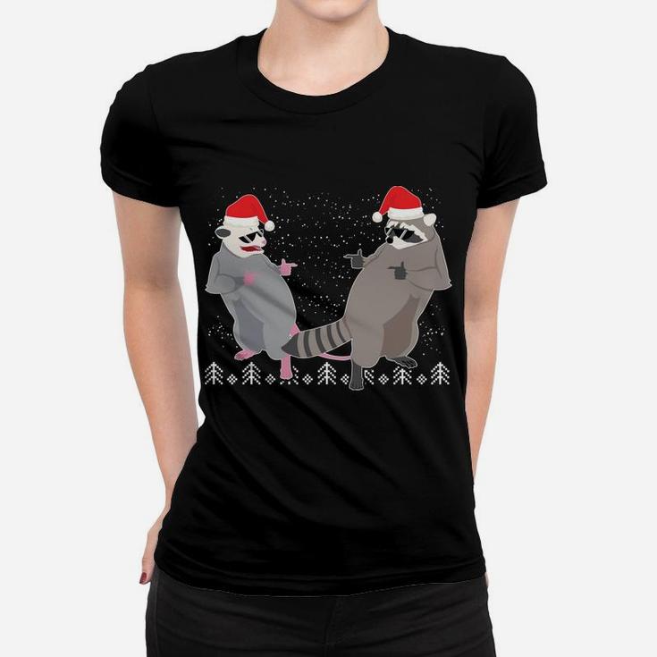 Trashin Through The Snow Garbage Gang Opossum Raccoon Santa Sweatshirt Women T-shirt