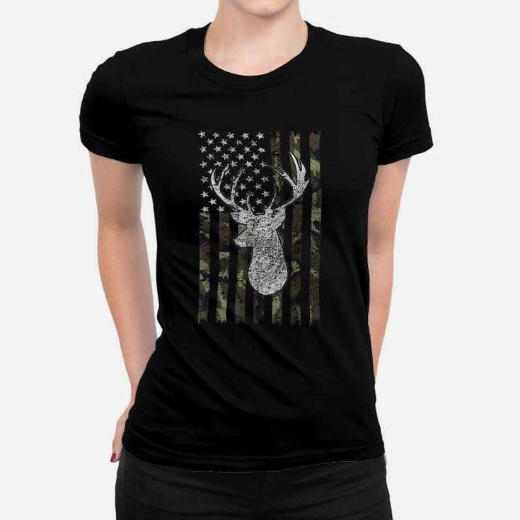 Whitetail Buck Deer Hunting American Camouflage Usa Flag Women T-shirt