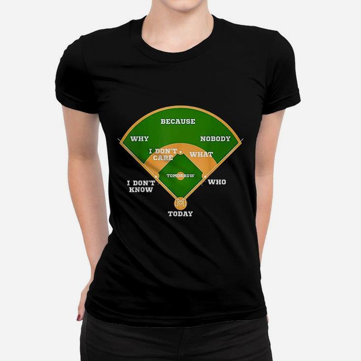 Who Is On First Baseball Diamond Fielding Card Women T-shirt