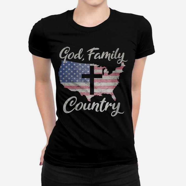 Womens GOD FAMILY COUNTRY Christian Cross American Flag Love Jesus Women T-shirt