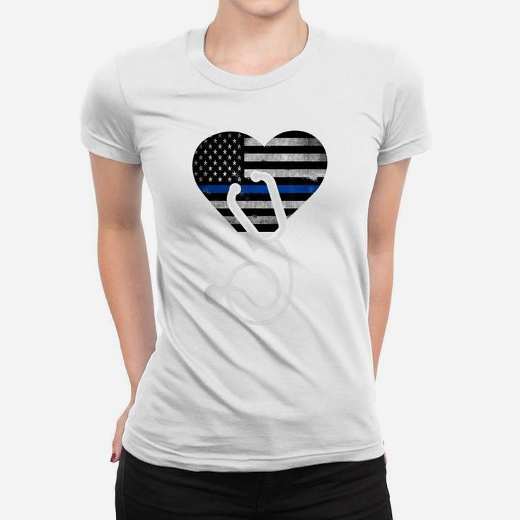 American Flag Heart With Police Thin Blue Line Nurse Rn Lvn Women T-shirt