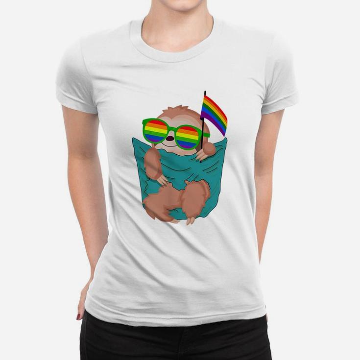 Cute Pocket Sloth Lgbt Animal Rainbow Flag Gay Pride Women T-shirt