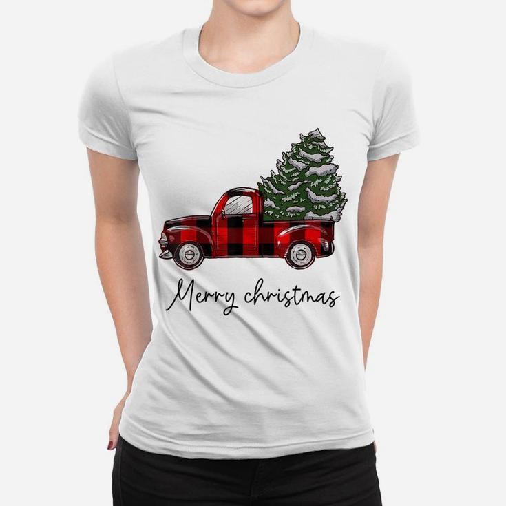 Funny Buffalo Plaid Red Truck Christmas Tree Shirt Women T-shirt