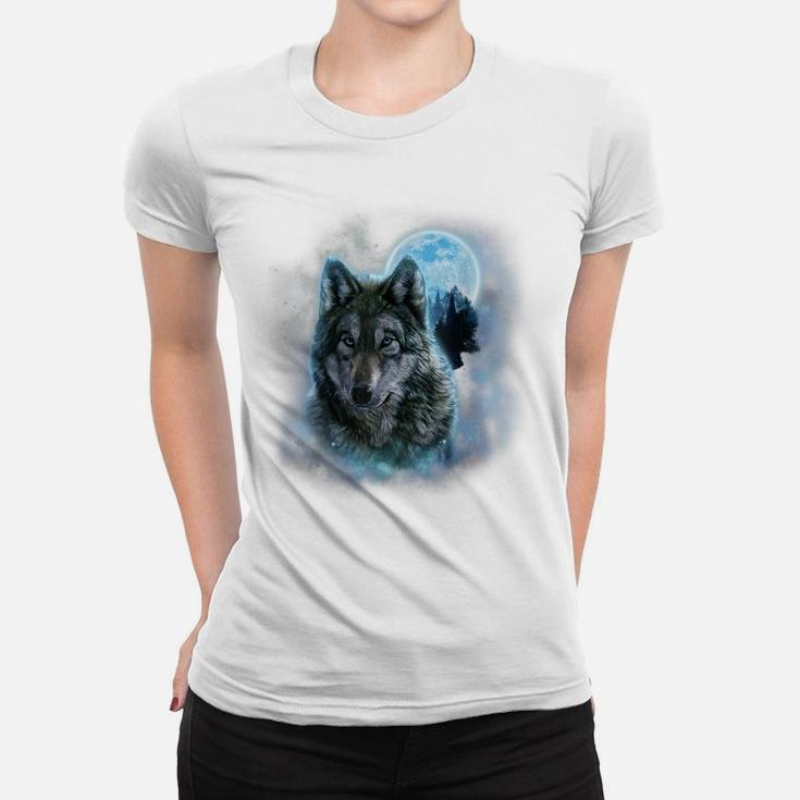 , Grey Wolf Hunting Ground, Icy Moon, Forest, Galaxy Women T-shirt