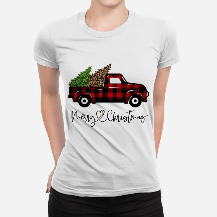 Merry Christmas Buffalo Truck Tree Red Plaid Leopard Women Women T-shirt