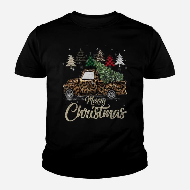 Buffalo Plaid Christmas Tree Red Truck With Leopard Print Youth T-shirt