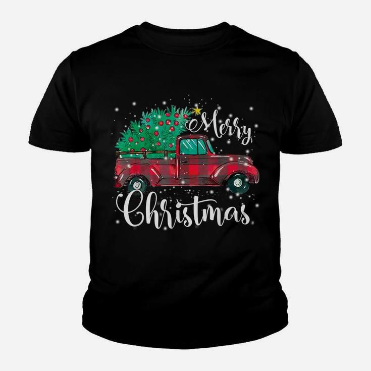 Buffalo Plaid Christmas Tree Vintage Red Truck Xmas Gift Youth T-shirt