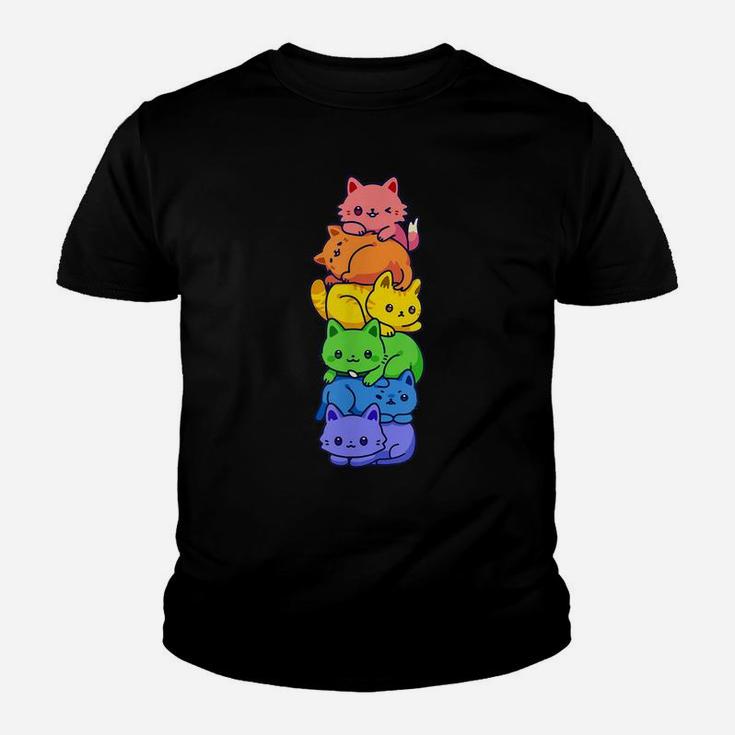 Gay Pride Cat Lgbt Kawaii Cats Pile Cute Anime Rainbow Flag Youth T-shirt