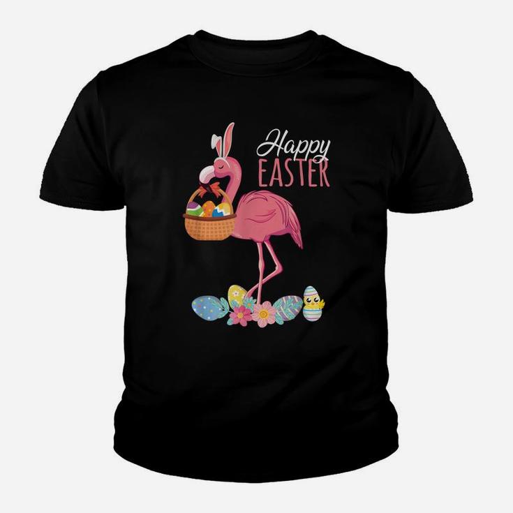 Happy Easter Flamingo With Easter Egg Basket Hunting Youth T-shirt