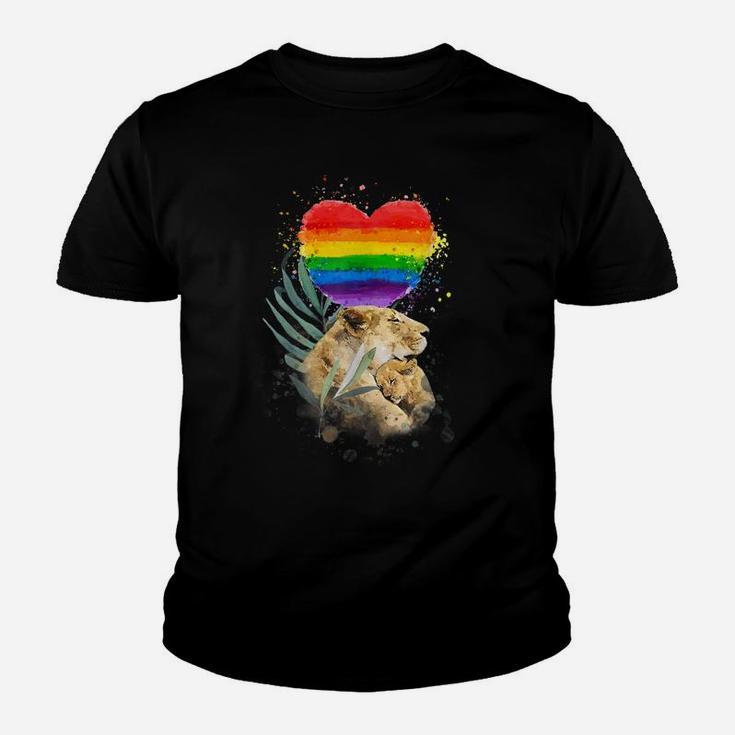 LGBTQ Pride Mommy Lion With Baby Rainbow Heart Love Youth T-shirt